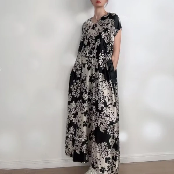 [东方韵味-墨香] 桑蚕丝连衣裙印花法式遮肉显瘦真丝系带短袖长裙
