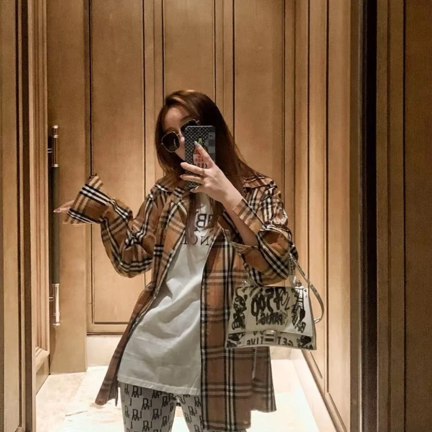 99新 BURBERRY/博柏利 001668 格纹格子拼色衬衫 卡其色 uk6码