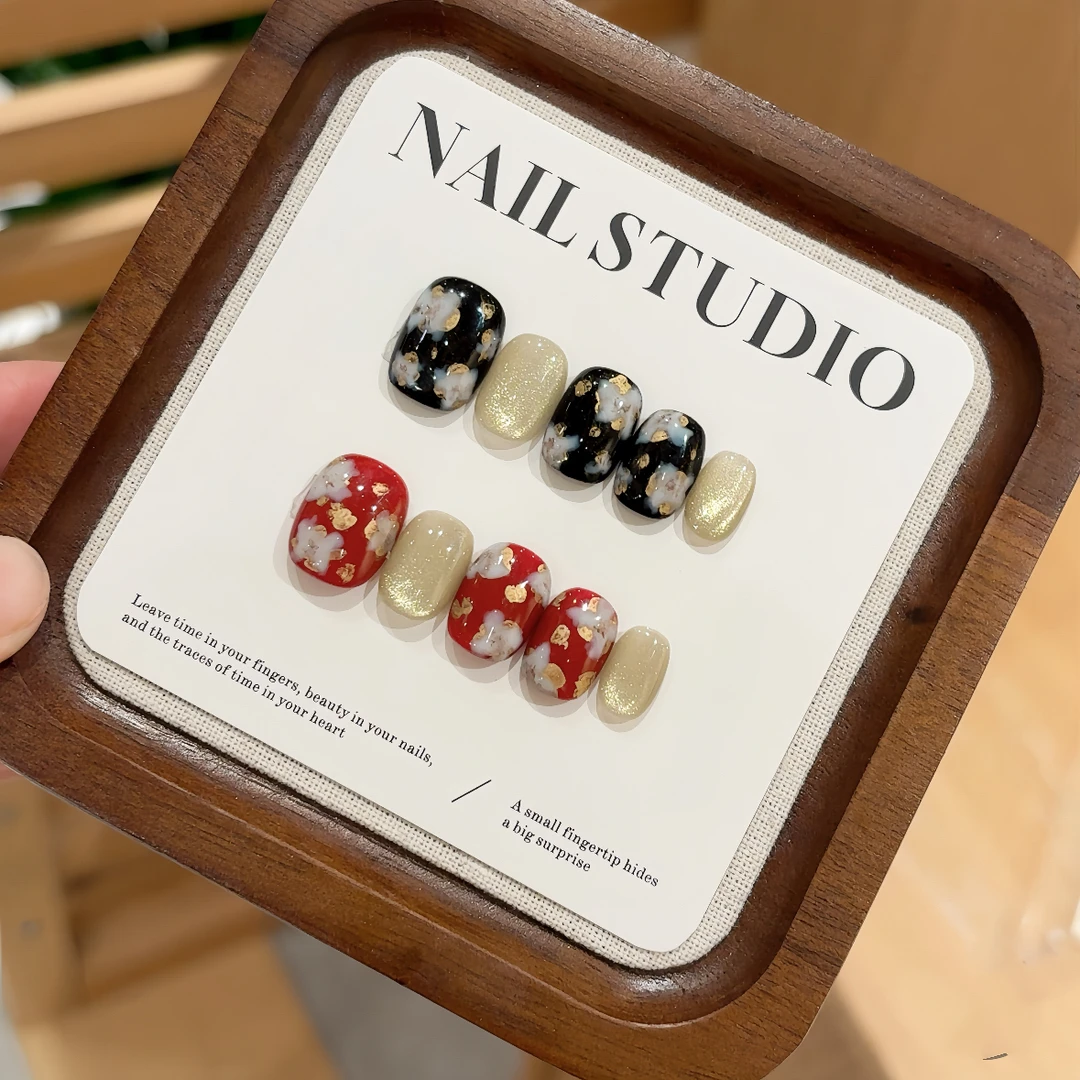 纯手工【小花】高级奢华手绘秋冬短款猫眼香槟色显白质感穿戴甲