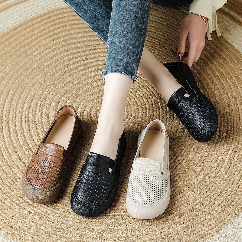 真皮皮鞋透气2025春夏季新款洞洞鞋防滑厚底妈妈鞋镂空鞋子女单鞋