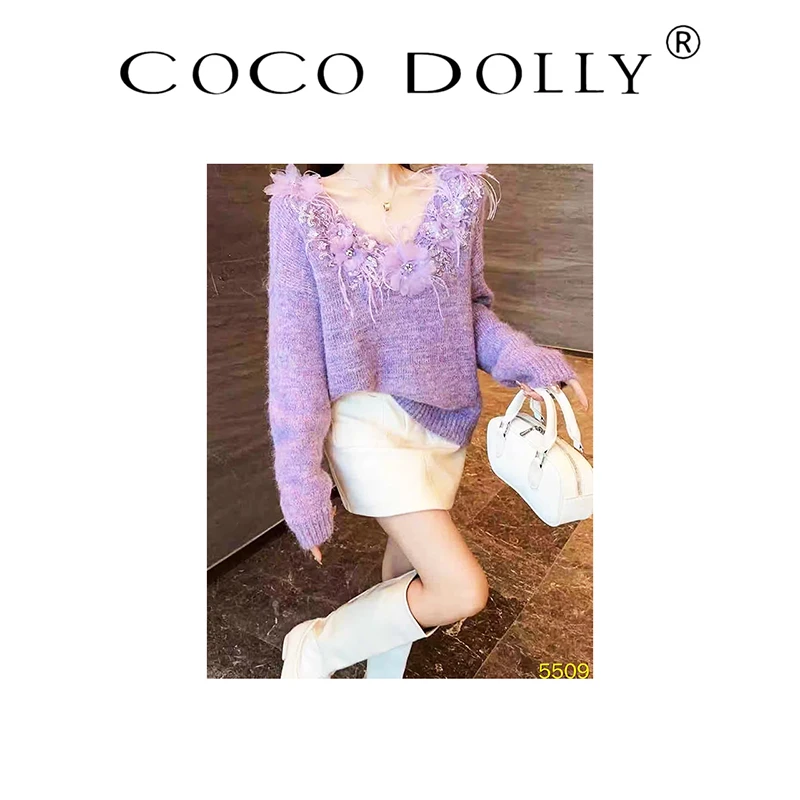 COCO DOLLY2025秋冬季新款小个子短款针织外套烫钻毛衣女5509