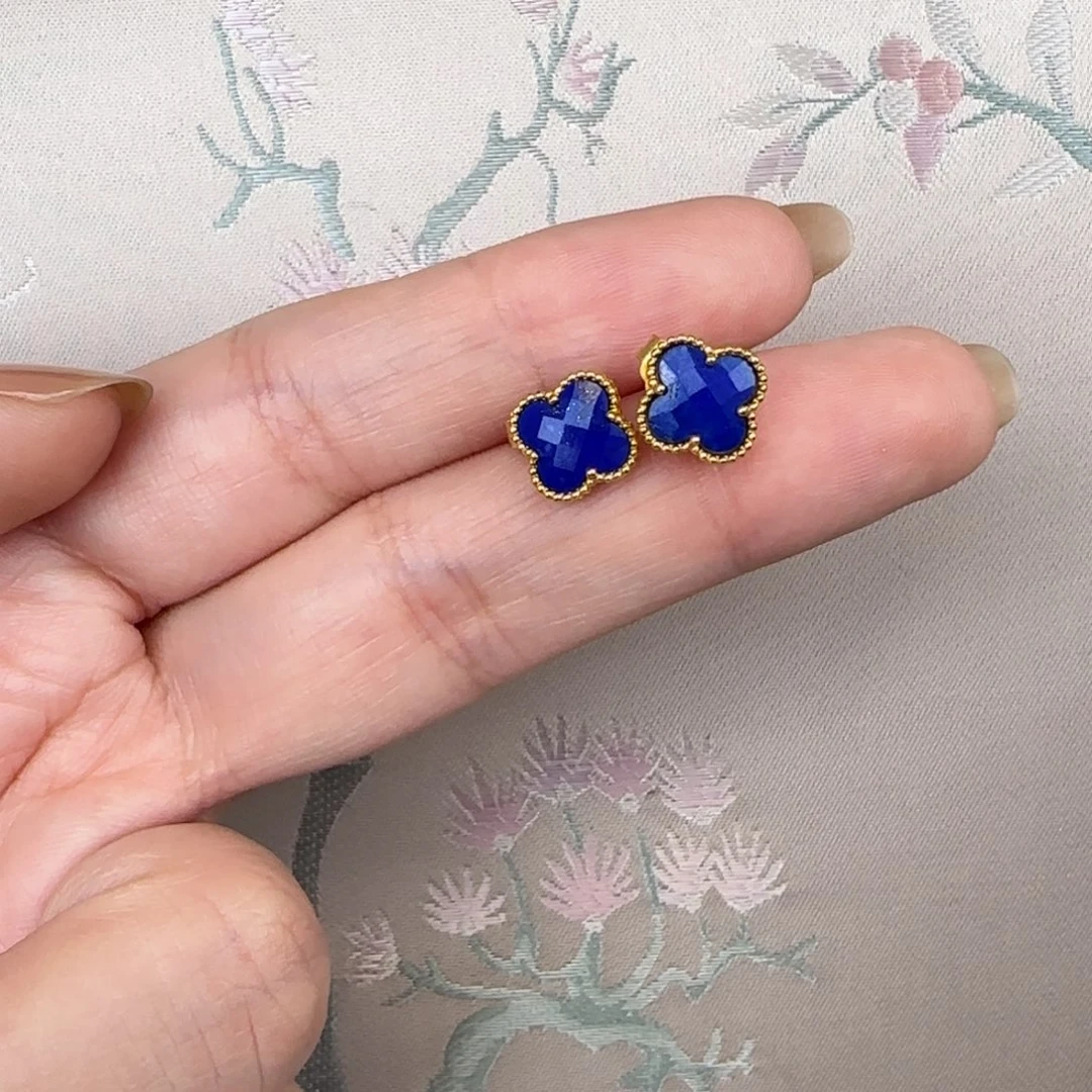 青金石耳钉银S925镶嵌