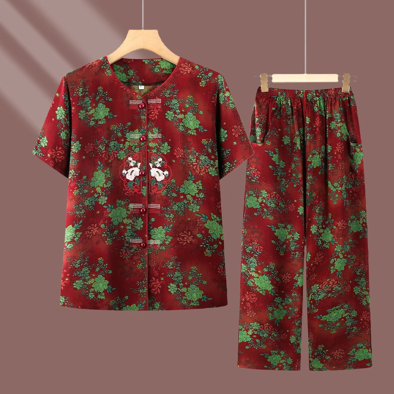 夏季老太太圆领开衫套装时尚印花碎花短袖上衣九分裤家居服两件套