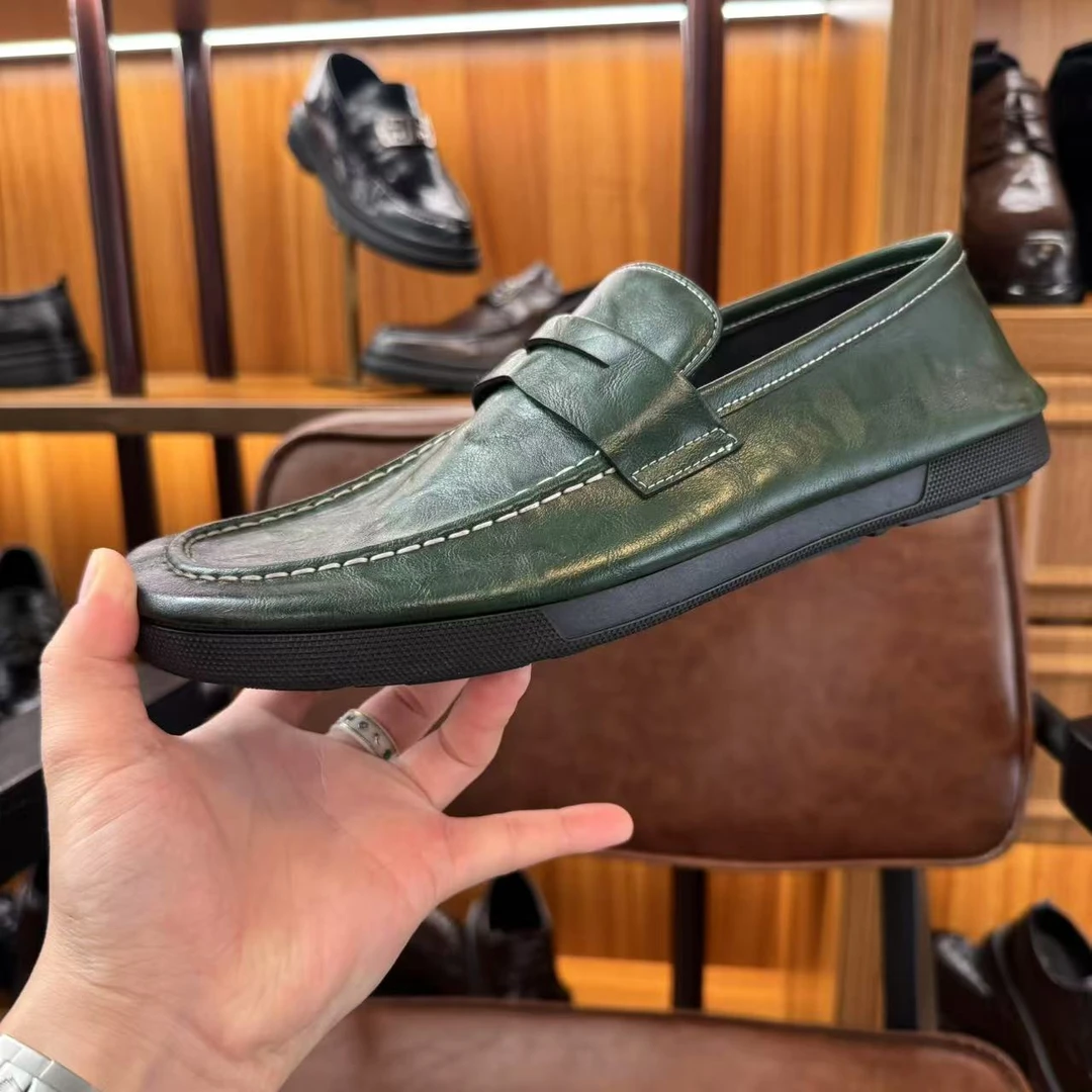 胖哥【香港品牌】726小牛皮懒人一脚蹬豆豆鞋透气吸汗夏季乐福鞋