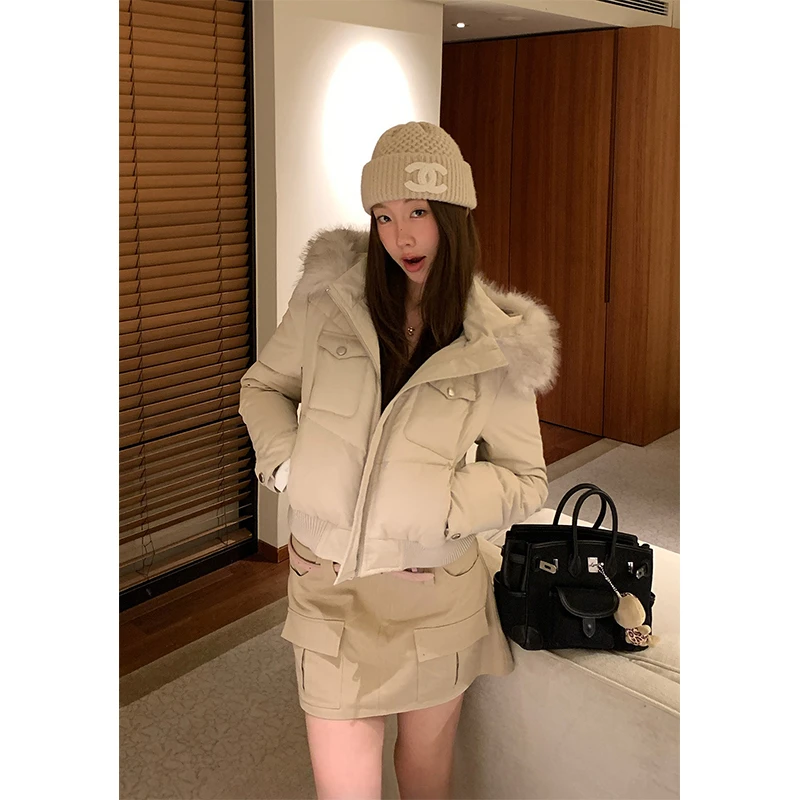 2025冬季可拆卸双色毛领连帽厚款短夹克棉服外套女新款英伦风上衣