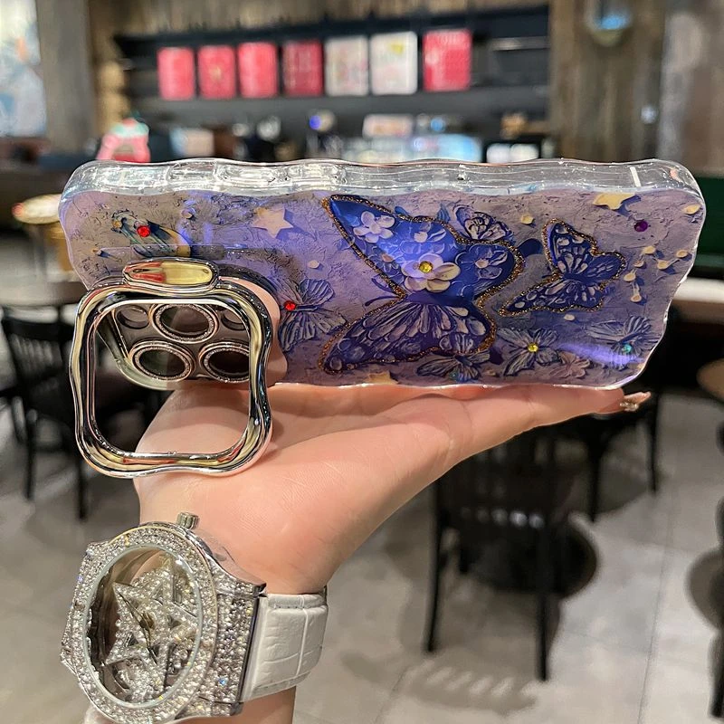 适用苹果系列iPhone16新款手机壳星星蝴蝶全包隐形支架闪粉镜头膜