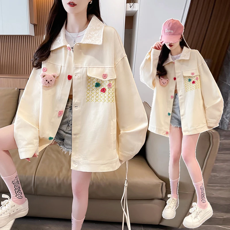 拼接翻领外套女2025春季小香风甜美小个子韩系棒球服中大儿童夹克