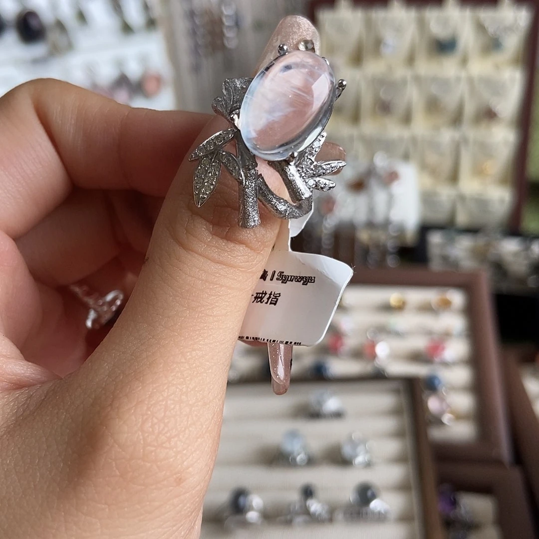 Q****烟晶戒指银S925镶嵌蓝针竹节