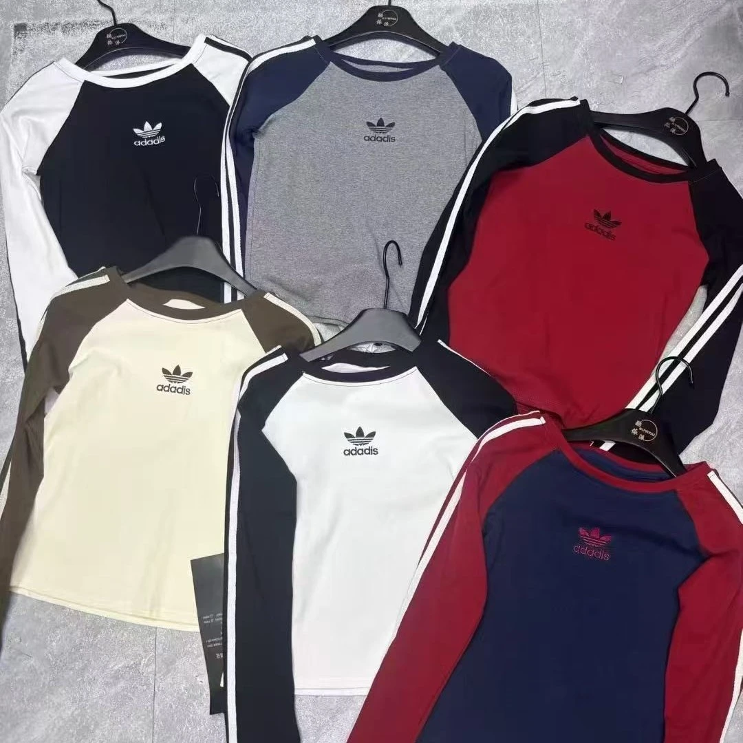 宽松型短款印花长袖条纹抗皱T恤圆领秋季情侣早秋