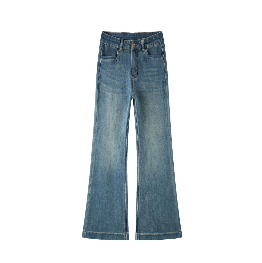 【初秋新款】古绿色 xp秋季四面弹高腰直筒微喇裤显瘦女百搭设计款