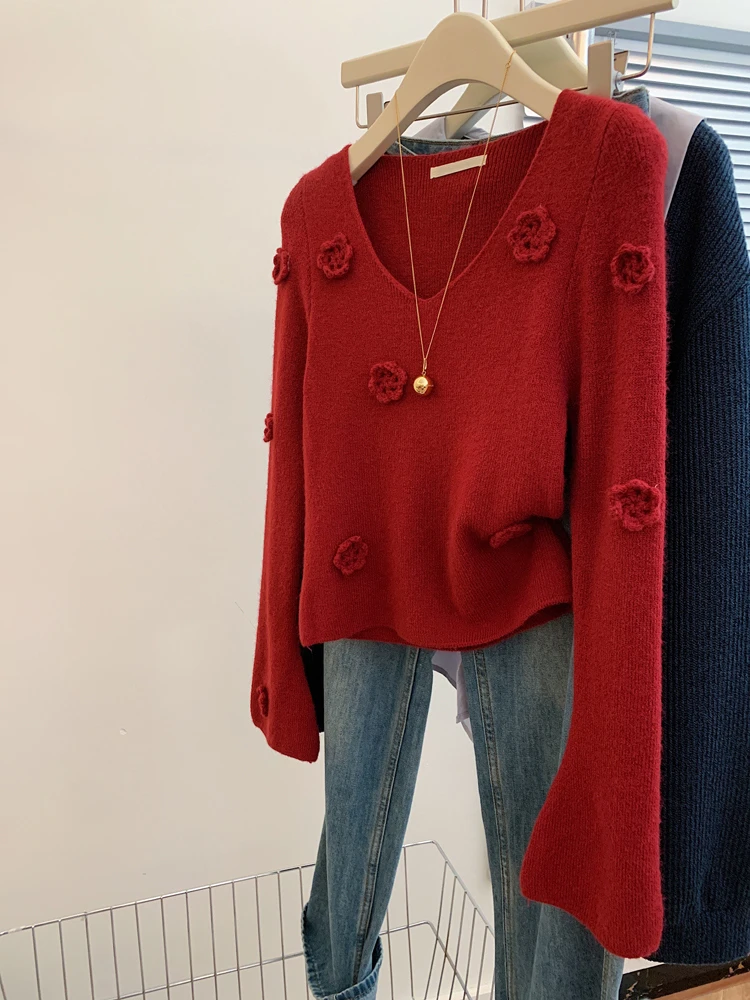 红色v领毛衣慵懒高级感女薄款针织衫打底内搭外穿上衣设计感小众