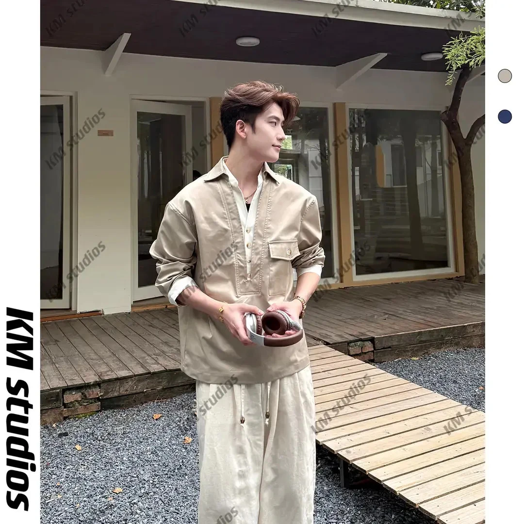 KM studios 25秋冬奢品假两件老钱大v领新贵长袖男女拼色T恤小众