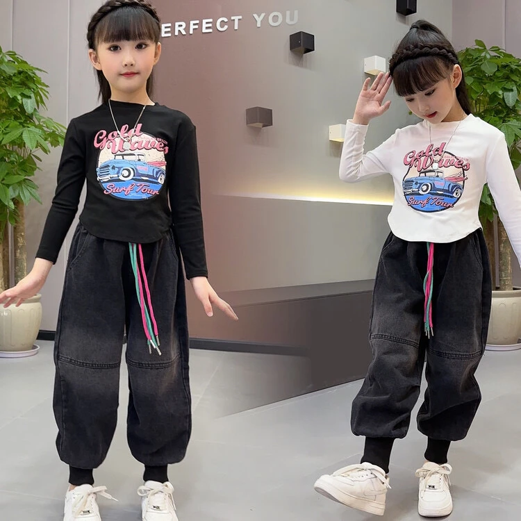 女童2025春秋款韩版甜裤风中大童休闲时尚白T+哈伦裤洋气女孩