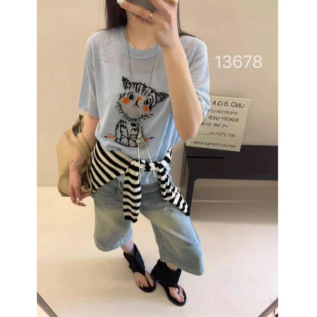 13678（部分无水洗唛，介意慎拍）WANGDAN新款小猫针织短袖