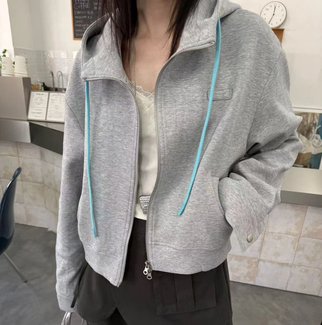 3722号7800#春新款连帽撞色抽绳休闲拉链卫衣外套G11-43