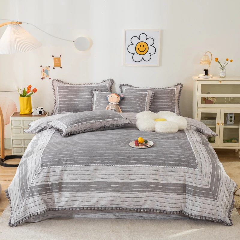 老粗布A类母婴级别韩版手工拼接百褶裙边四件套亲肤简约加厚格子