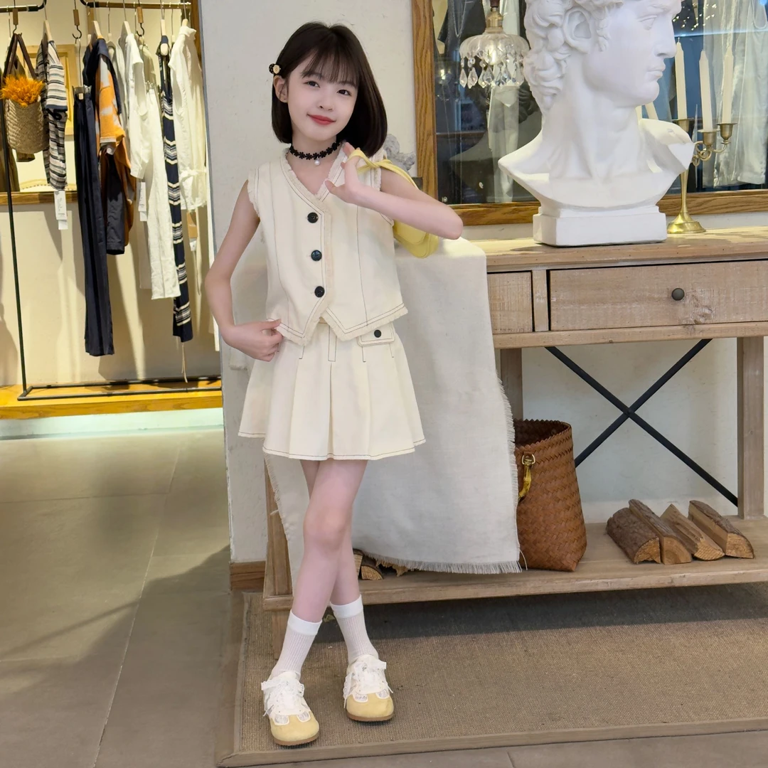 女童2025新款甜酷套装气质无袖毛边背心上衣夏季半身裙小香风套装