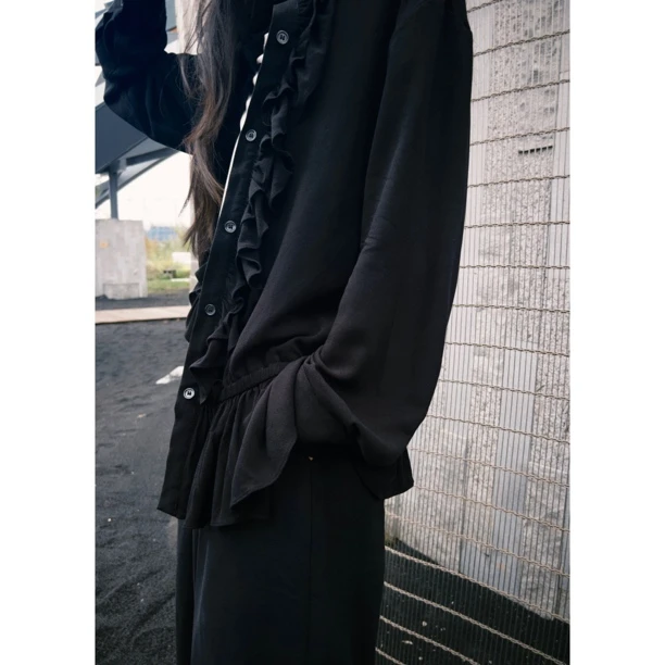 棉纱花边黑色衬衣