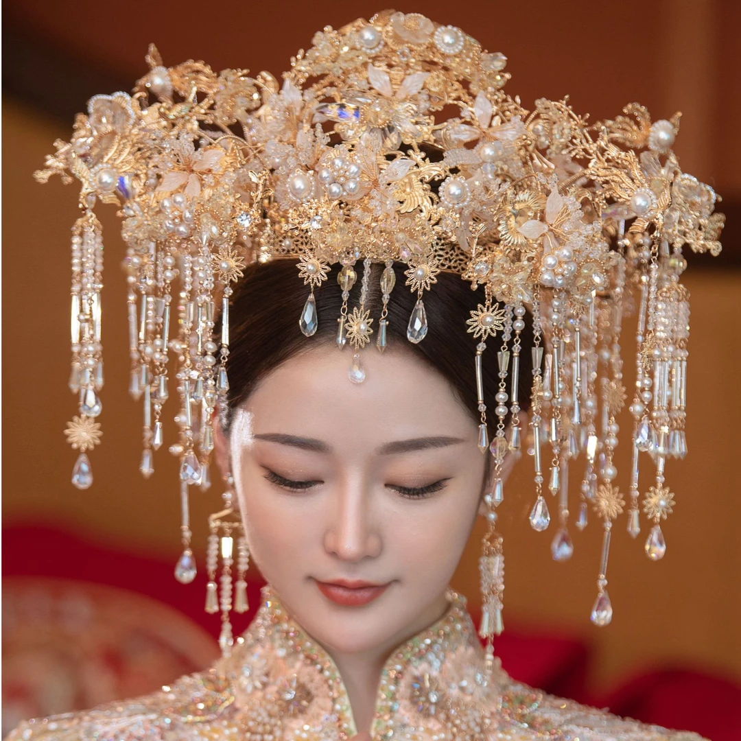 14397喜看优选新娘大气头饰中式汉唐黄色古风汉服秀禾服龙凤褂流