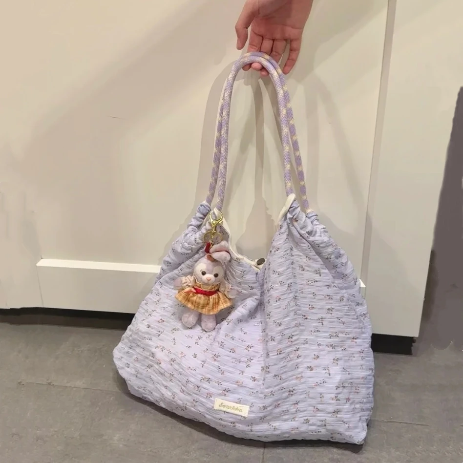 韩系紫色碎花大容量单肩帆布包日常通勤腋下单肩托特包百搭手提包