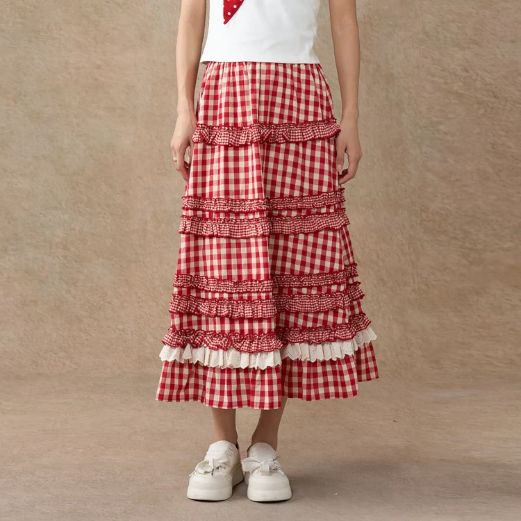 西町村屋复古格纹花边摆裙女装夏季新款气质长款半身裙XAAB10168
