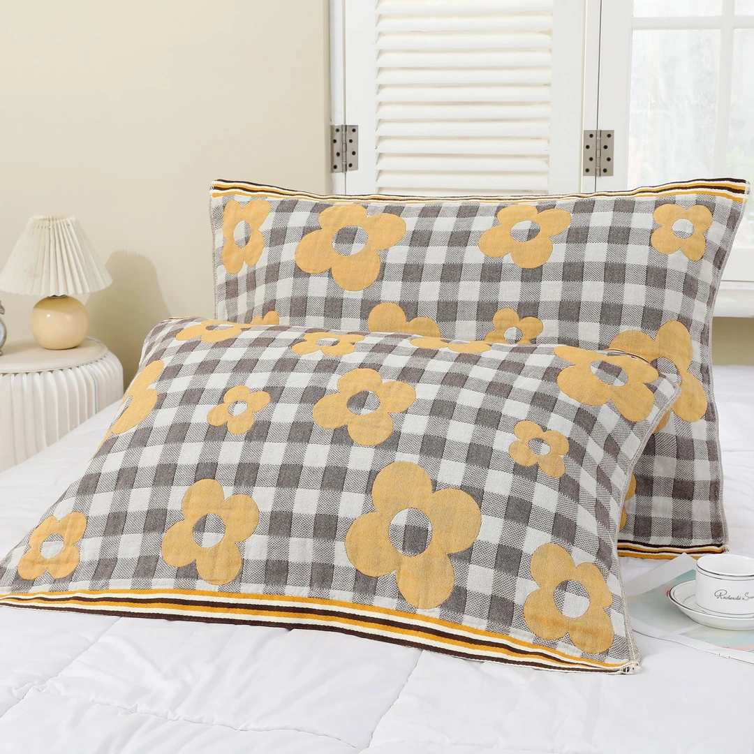 小鱼儿【枕巾-格子小花-灰】52*78cm轻奢高端定制精梳棉枕巾一对装