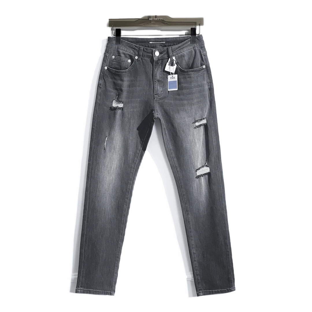 【奢潮定制】8863 夏新款烟灰色水洗猫须破洞修身微小脚男牛仔裤