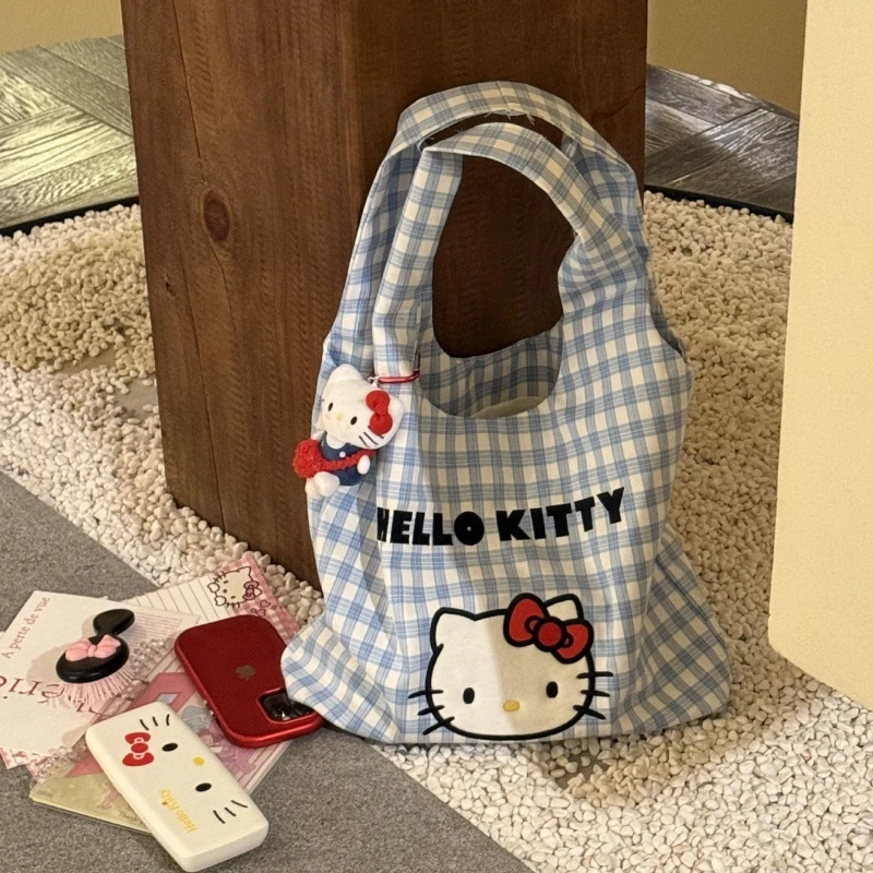 卡通kt小咪格子刺绣帆布包玩偶公仔可爱休闲单肩包手提通勤百搭包