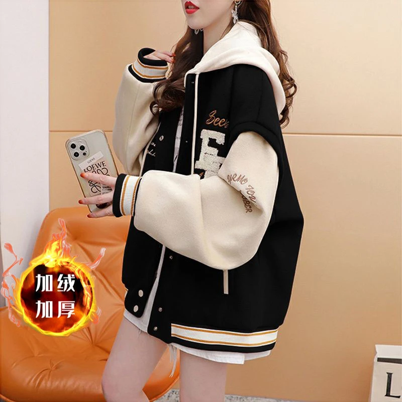 2025美式复古卫衣秋冬款棒球服外套女学生宽松连帽百搭开衫刺绣女