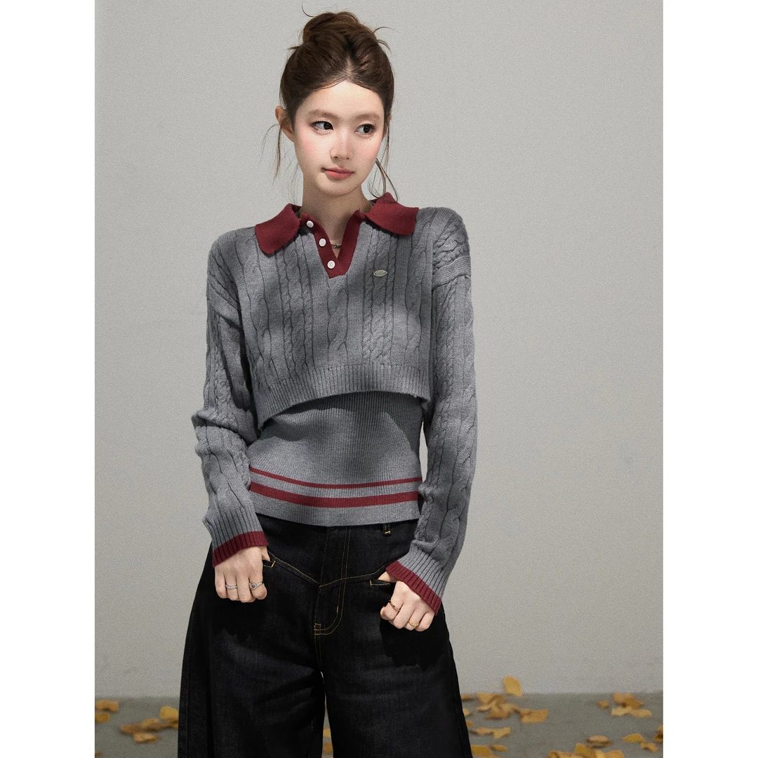 【谢不肉】真两件撞色翻领麻花针织衫女秋条纹背心套装50419/50420