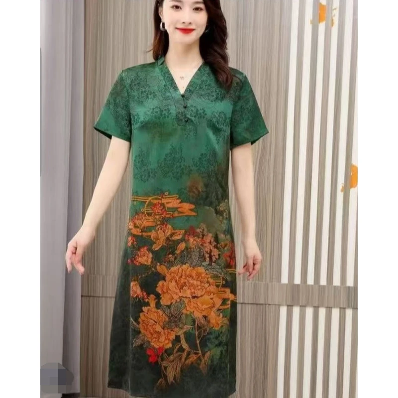J036重段花萝贵夫人连衣裙女新款复古花色阔太太减龄高级感裙子