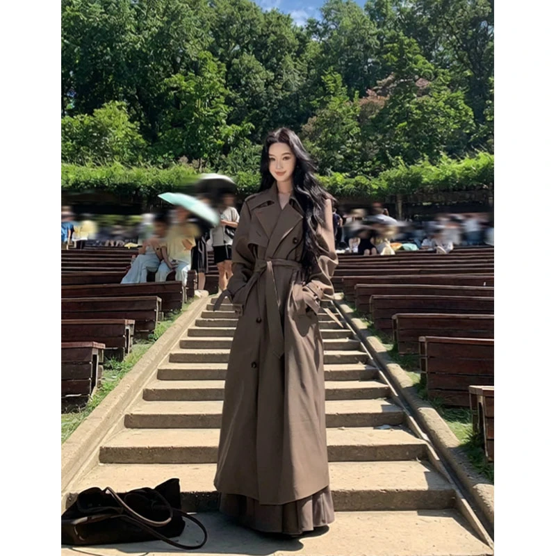 韩系复古卡其色长款风衣外套女夏季英伦风巨好看独特气质系带上衣