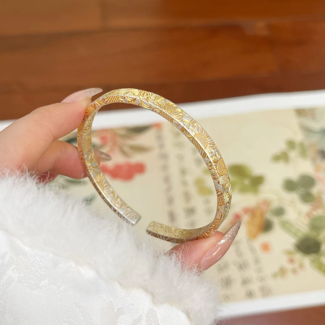 足银手镯 【金太阳】足银描金太阳花开口足银999.9手镯精致首饰金色