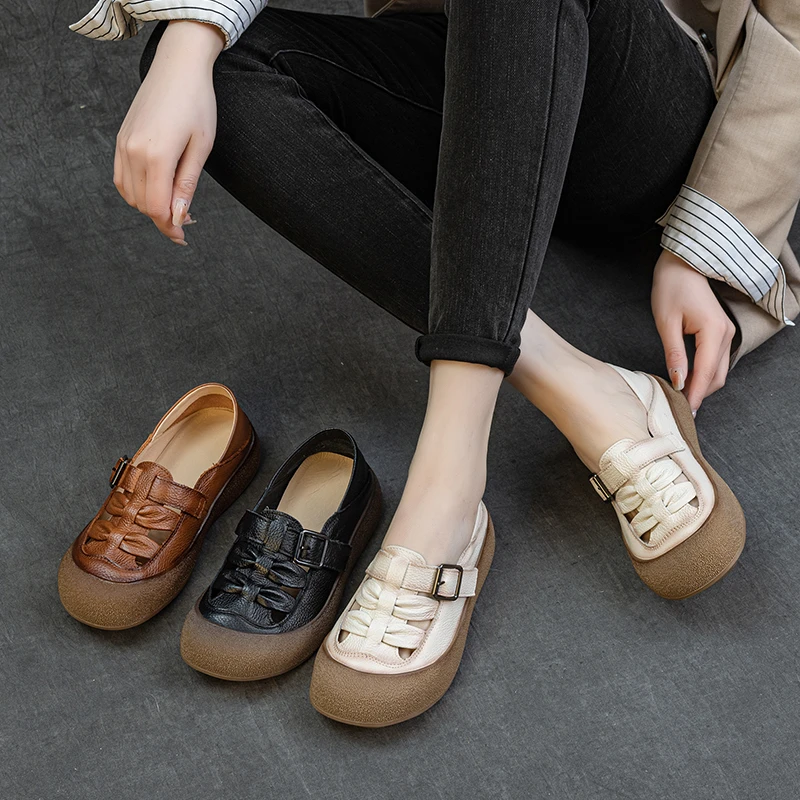 头层牛皮高端小众大头简约单鞋女防滑豆豆鞋平底单鞋