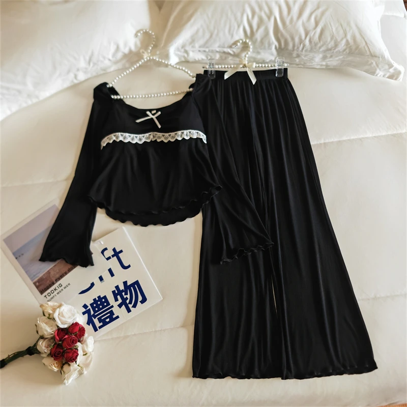 春秋款新品长袖睡衣胸垫套装女肤白貌美显瘦微喇裤气质优雅家居服