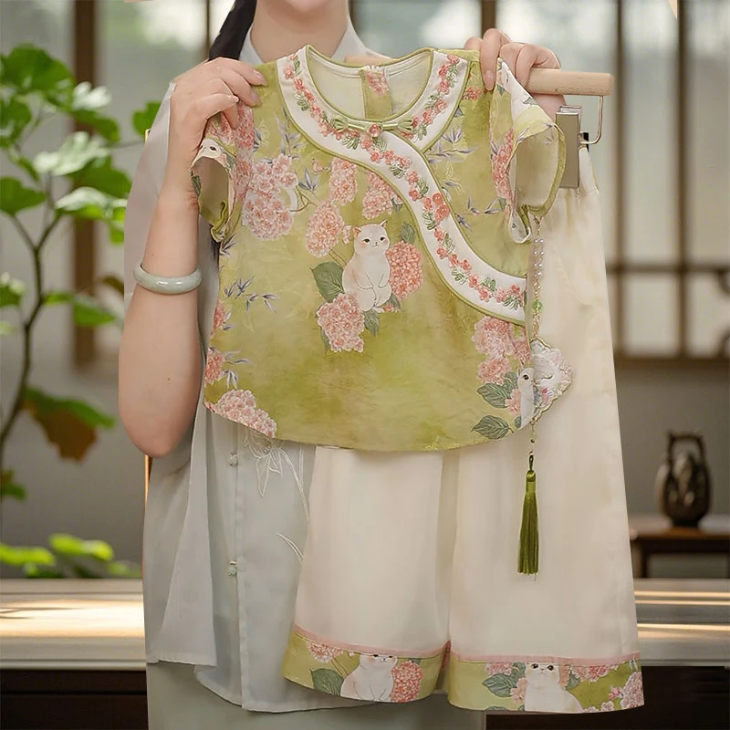汉服女童夏季2025新款上衣裤子套装新中式儿童古装中国风两件套