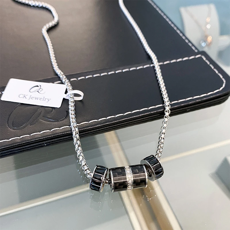 CK 钛钢项链 黑色小蛮腰转运珠项链潮男女高级感圆环锁骨链毛衣链