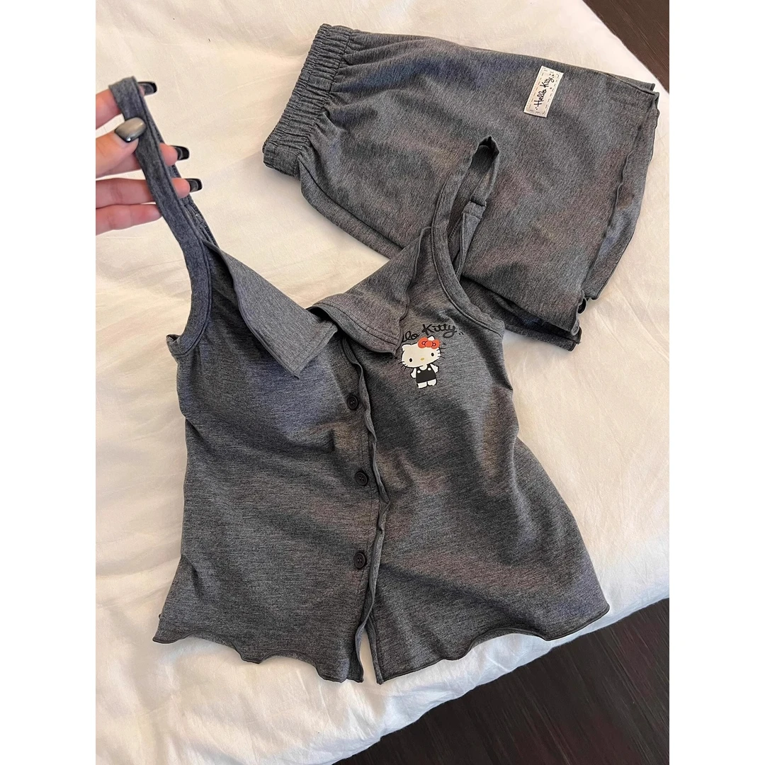 【可爱卡通kitty】印花带胸垫吊带睡衣夏季新款大码短裤家居服套装