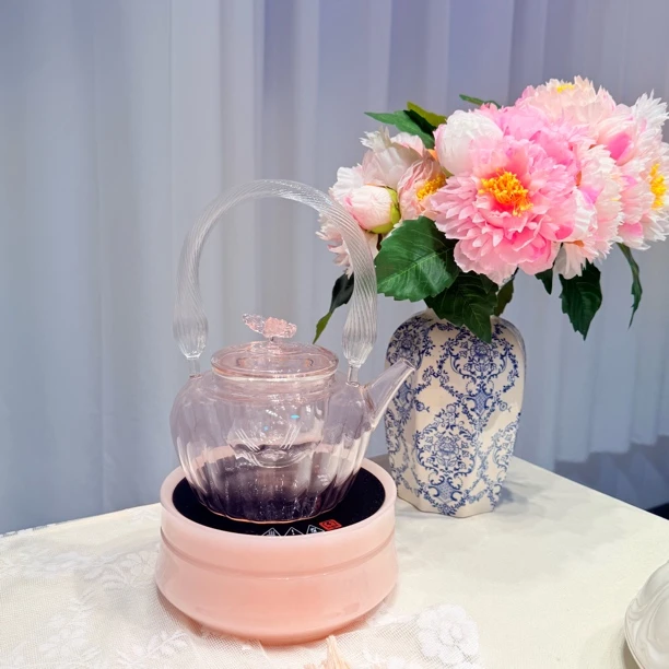 高硼硅煮茶壶粉色原色蝴蝶超仙儿款