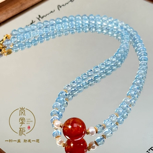 培育海蓝宝石E2898W 《似水流年》 胶花 海蓝宝石项链