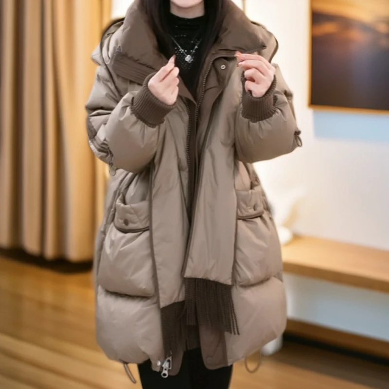 2025冬季新款高端洋气白鸭绒时尚宽松大码加厚保暖围巾连帽羽绒服