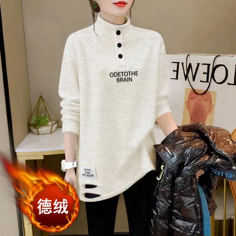 2025秋冬新款白色半高领德绒长袖T恤女宽松显瘦打底衫中长款上衣