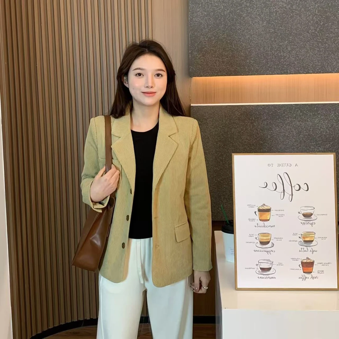 【折扣】小羽酱小个子定制秋冬百搭复古灯芯绒夹棉单排扣西装外套