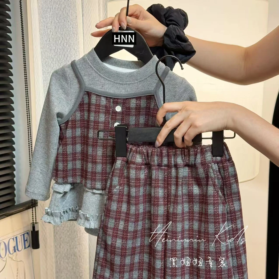 【黑妞妞】秋季儿童格子三件套2025新款时尚韩版女童吊带卫衣长裤