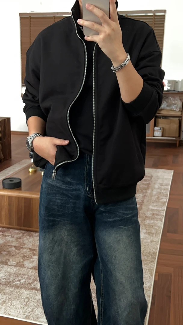 外套男秋季新款中性风基础重磅硬挺百搭双拉链毛圈棉立领开衫卫衣