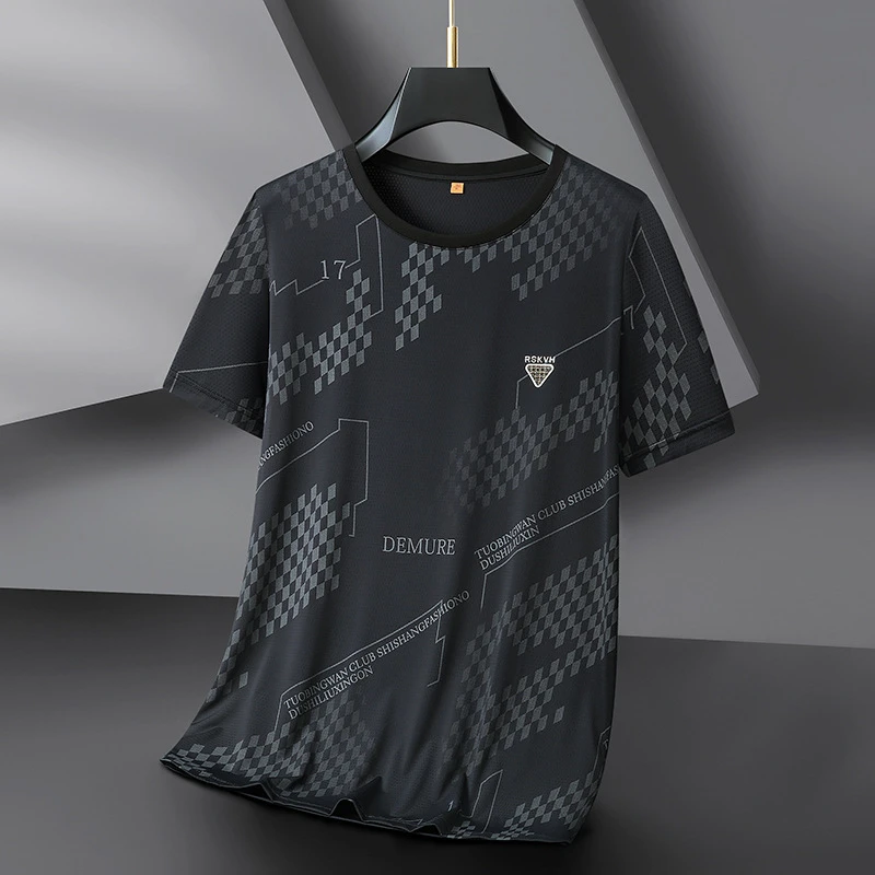 DRNL冰丝短袖t恤男大码夏季薄款潮胖子加肥加大圆领速干休闲运动