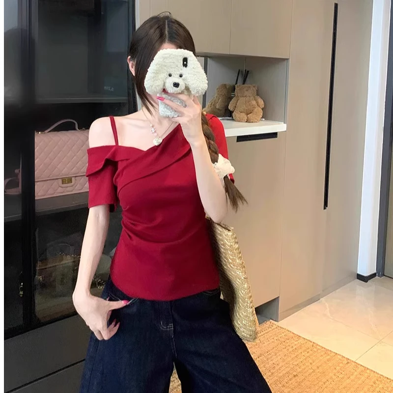 纯欲不规则斜领吊带短袖T恤女夏季大码胖MM显瘦修身收腰辣妹上衣
