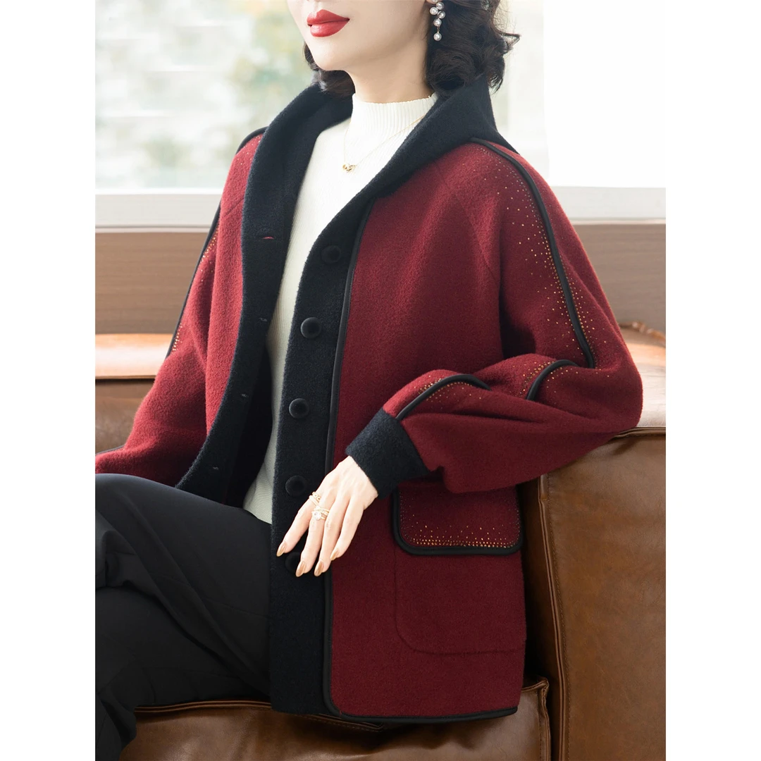 妈妈秋冬外套连帽洋气中老年女上衣40岁50休闲大码针织衫厚款百搭