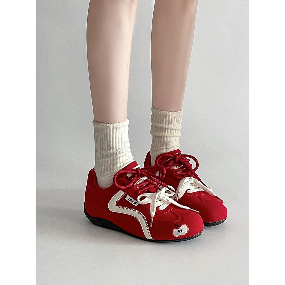 红色德训鞋女2025新款春季百搭运动休闲鞋复古赛车鞋软底阿甘鞋子
