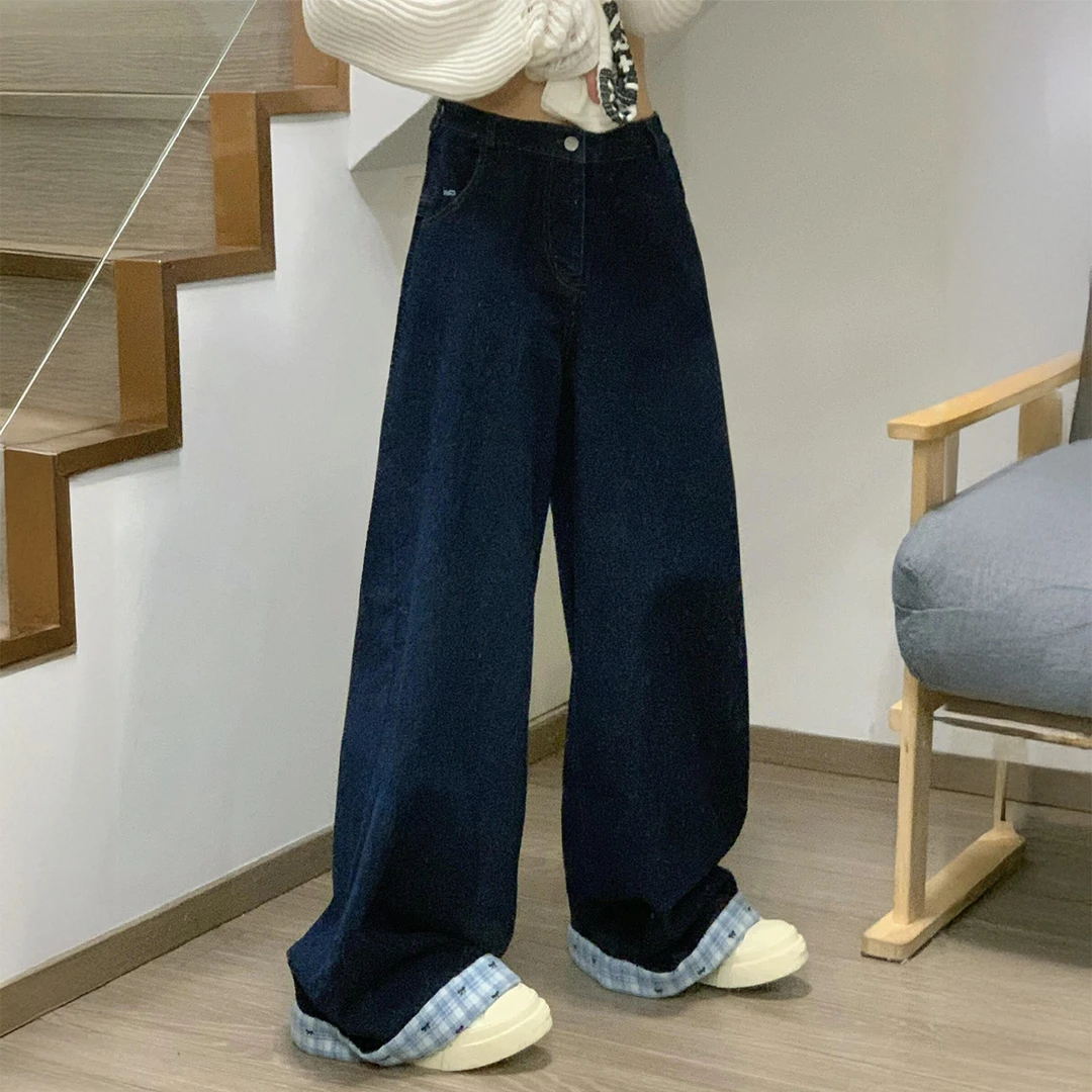 美式深蓝色蝴蝶结牛仔裤女秋季新款胖妹妹mm高腰显瘦设计感阔腿裤